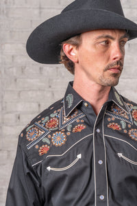 Men's Vintage Black Floral & Stars Embroidered Western Shirt