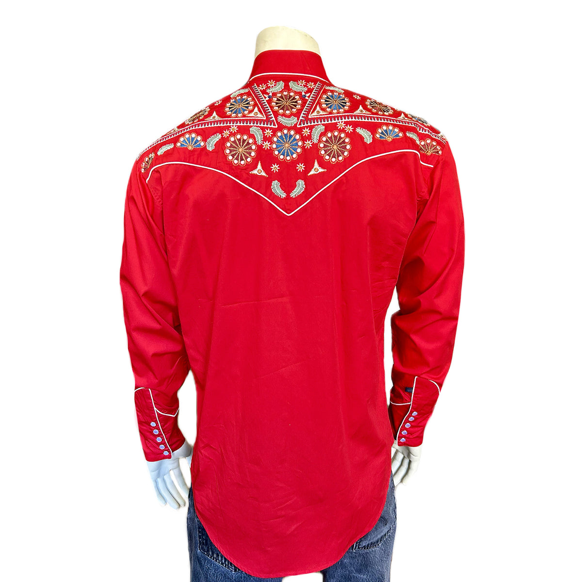 Men's Vintage Red Floral & Stars Embroidered Western Shirt