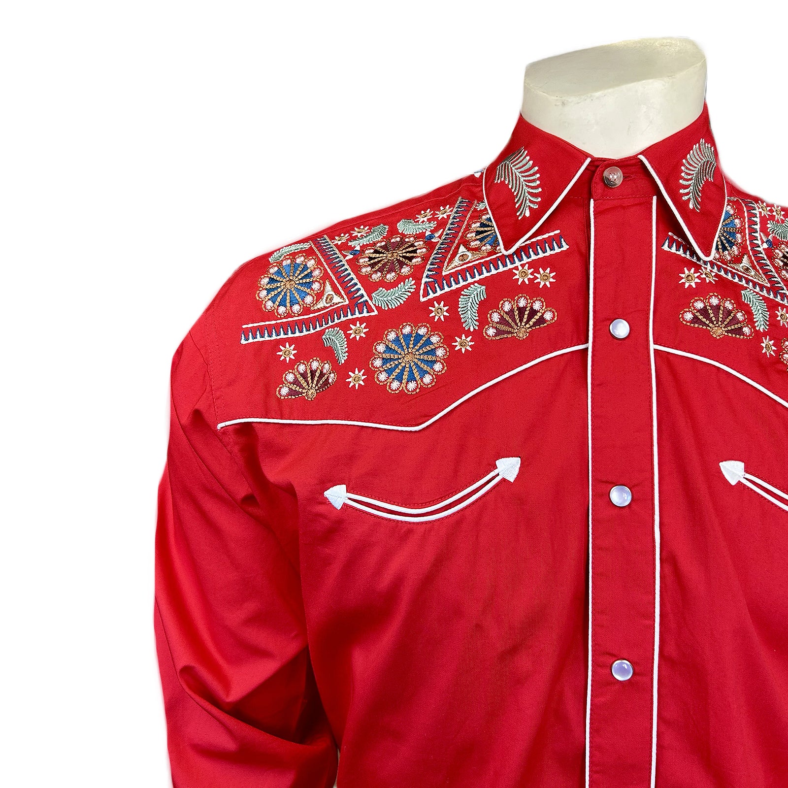 Men's Vintage Red Floral & Stars Embroidered Western Shirt