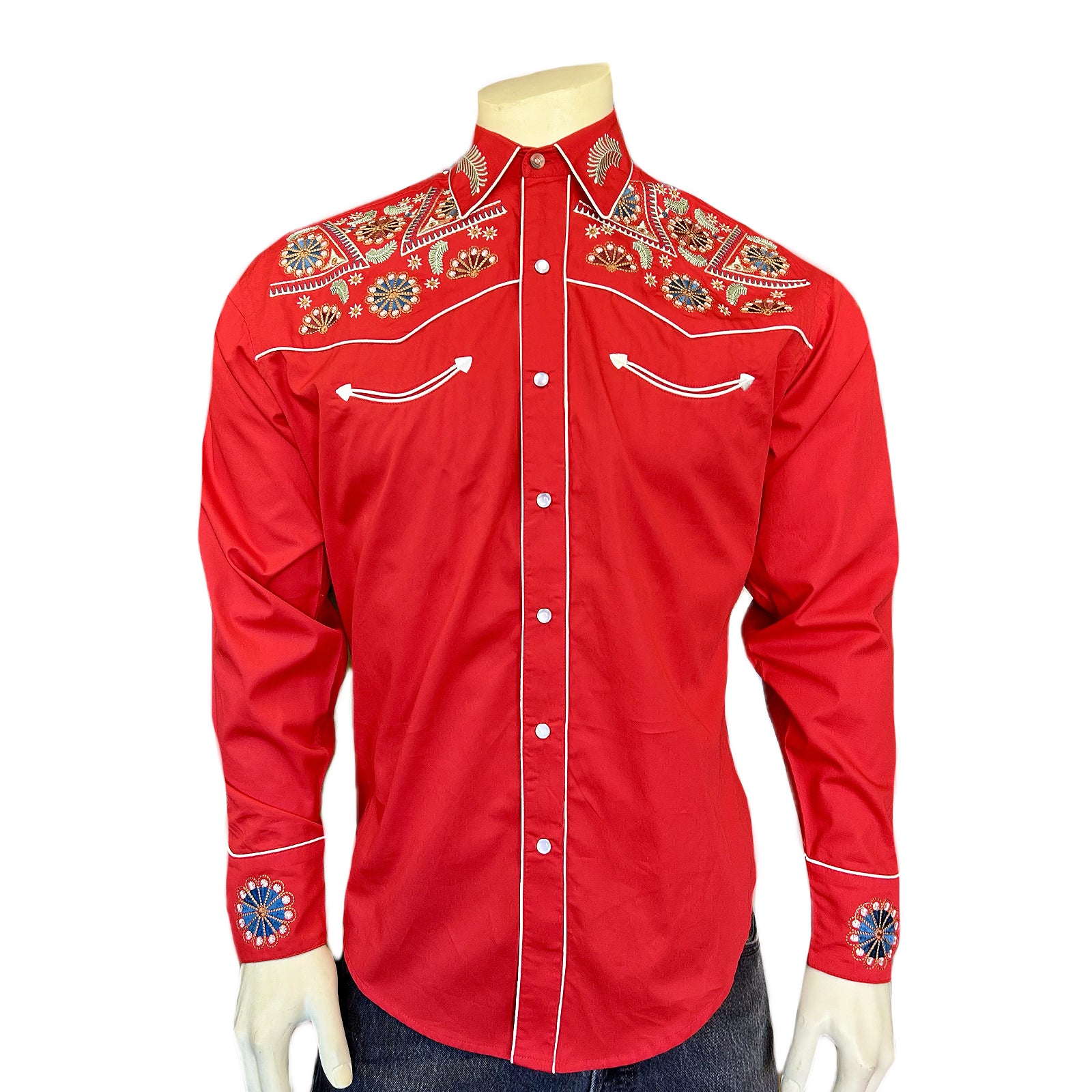 Men's Vintage Red Floral & Stars Embroidered Western Shirt