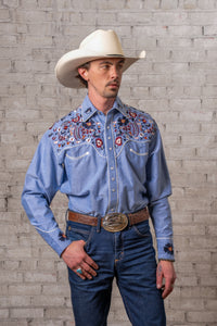 Men's Vintage Blue Floral Embroidered Western Shirt