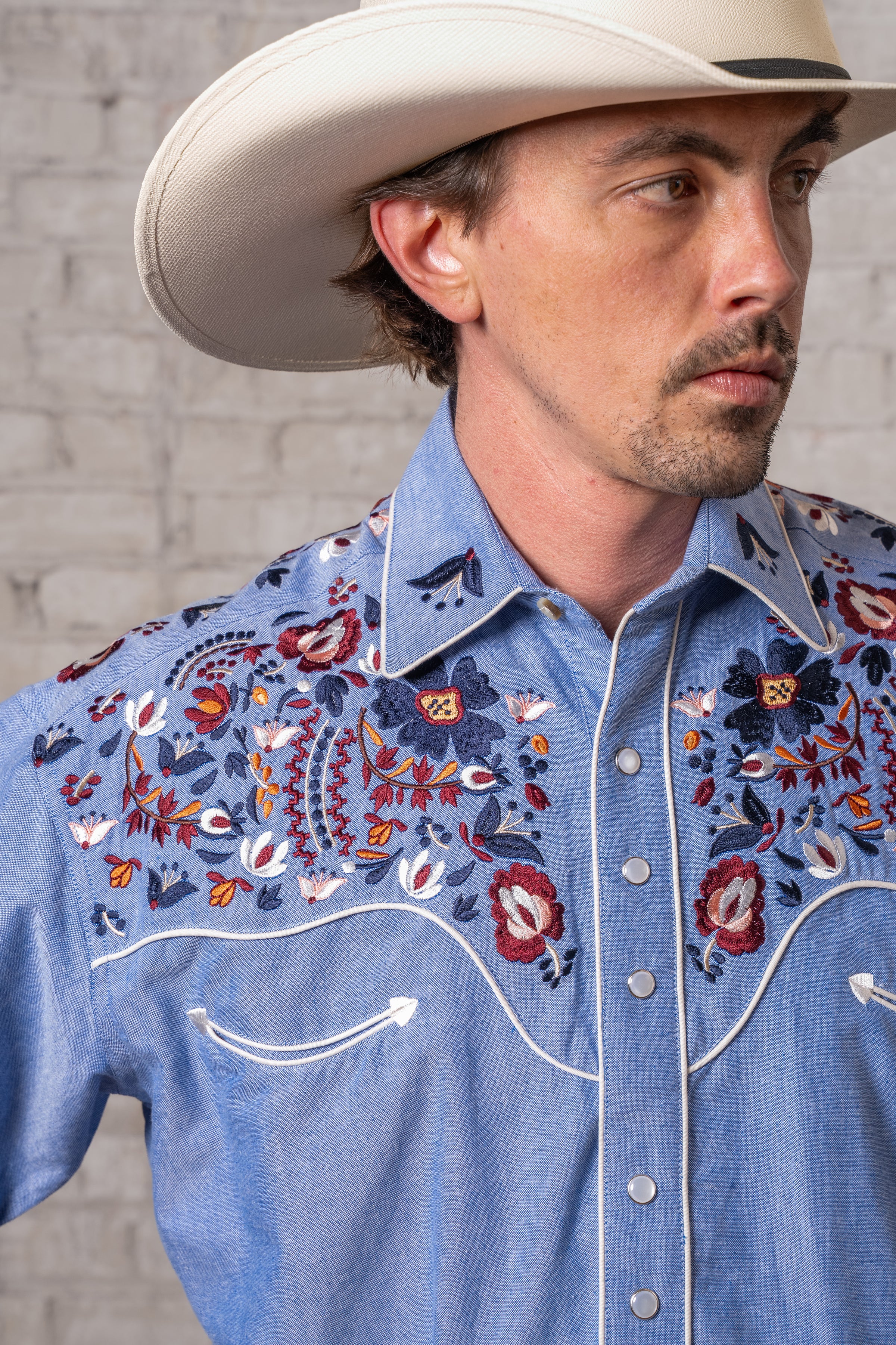 Men's Vintage Blue Floral Embroidered Western Shirt