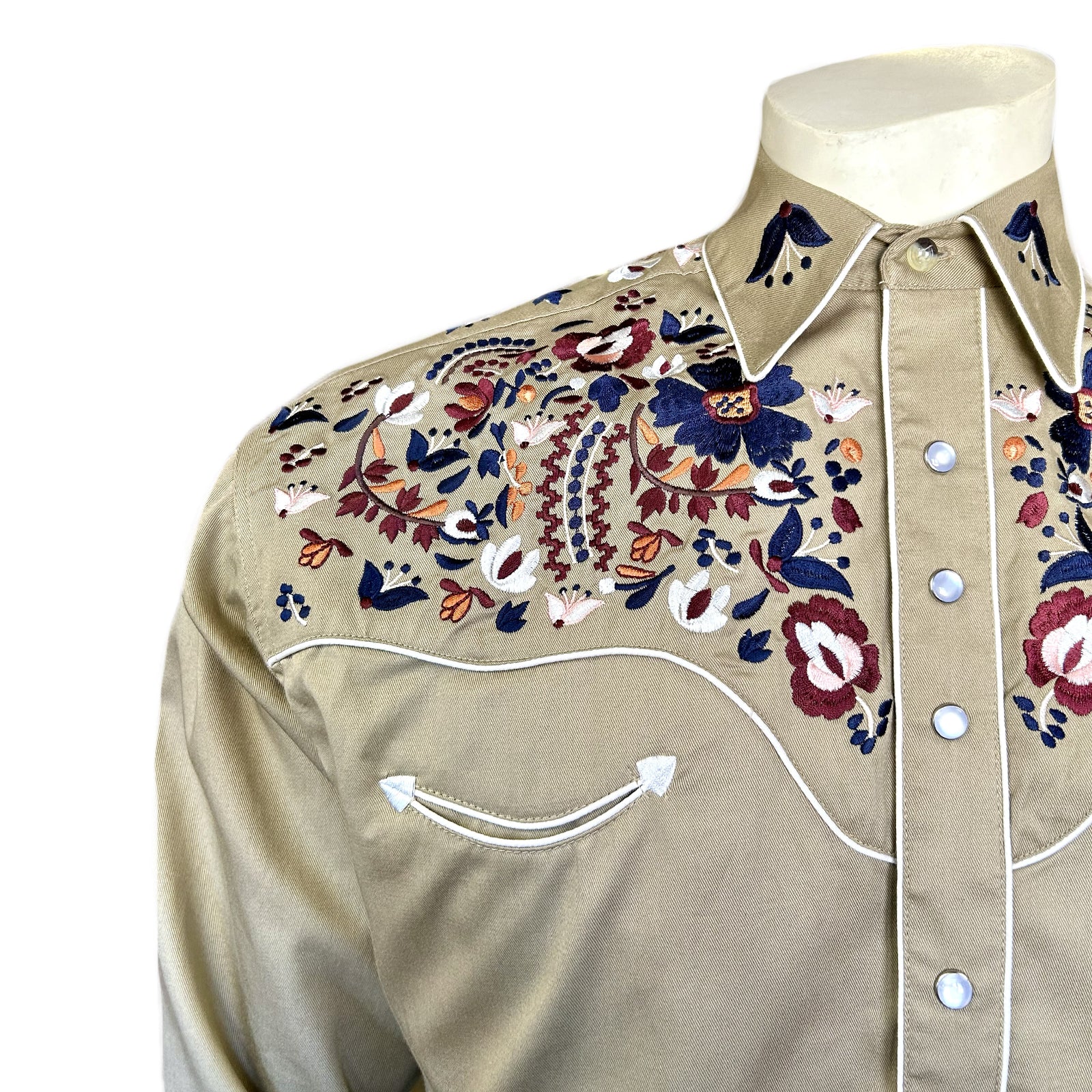 Men's Vintage Khaki Floral Embroidered Western Shirt - Rockmount