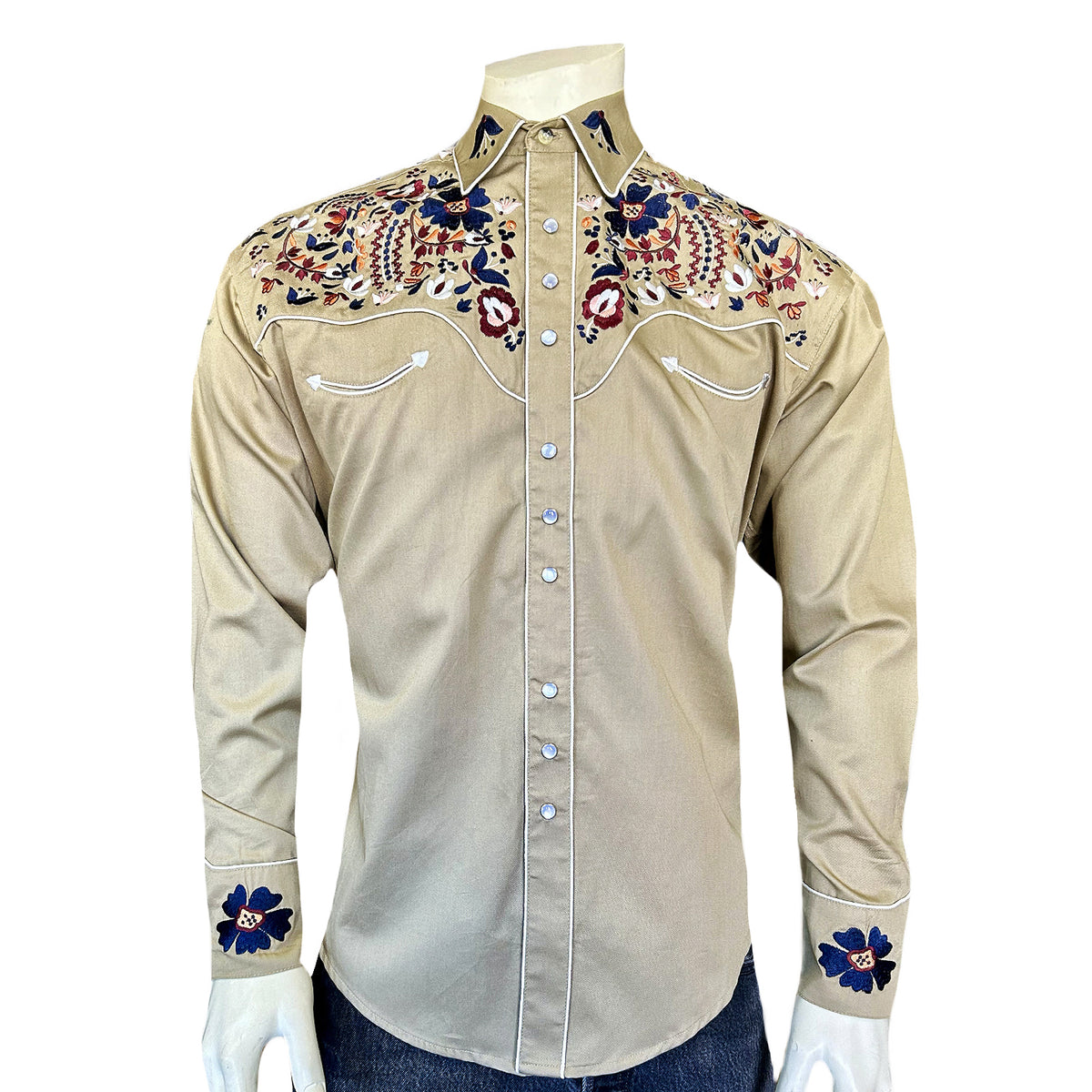 Men's Vintage Khaki Floral Embroidered Western Shirt - Rockmount