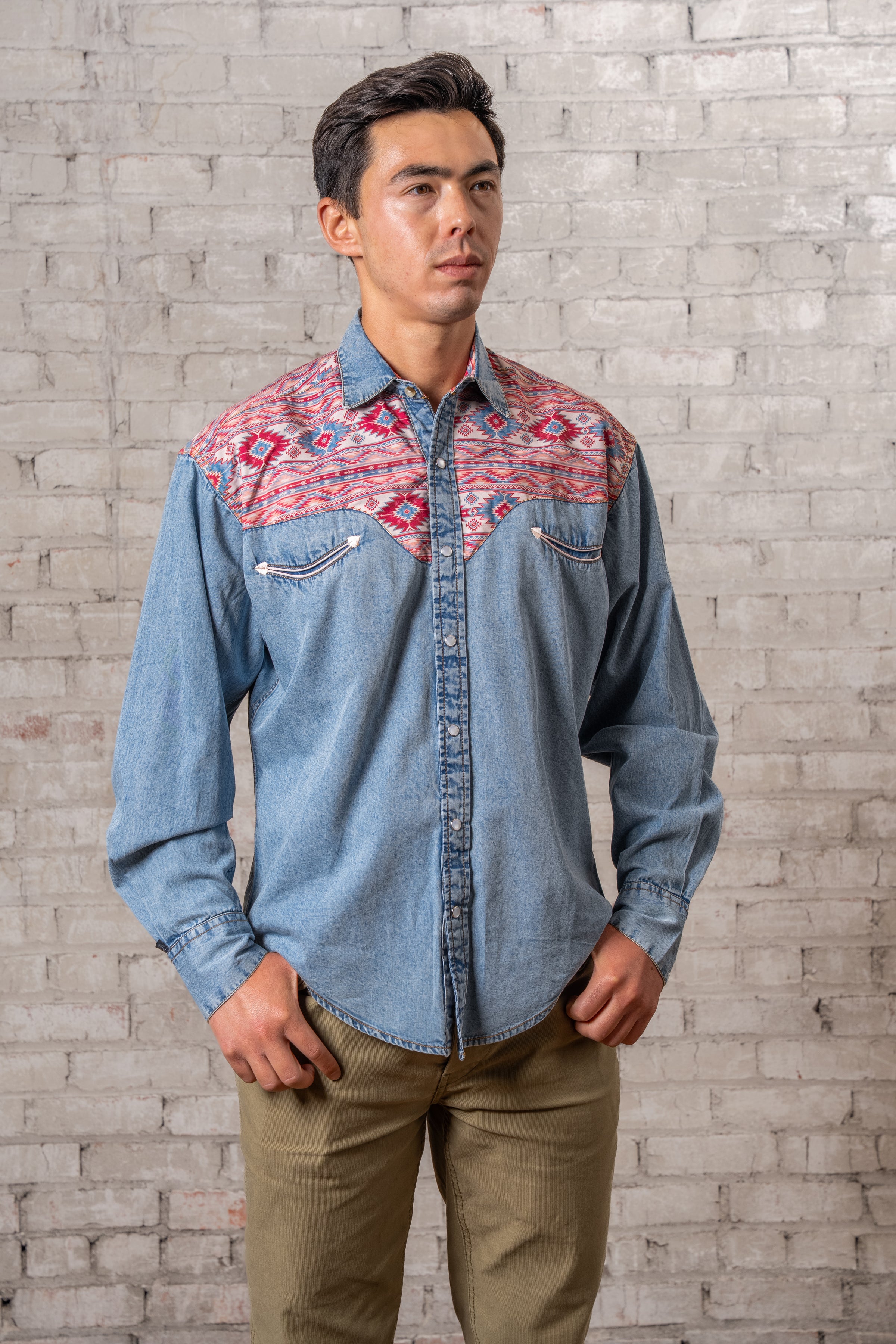 Men's Vintage 2-Tone Denim & Native Pattern Embroidery Western Shirt