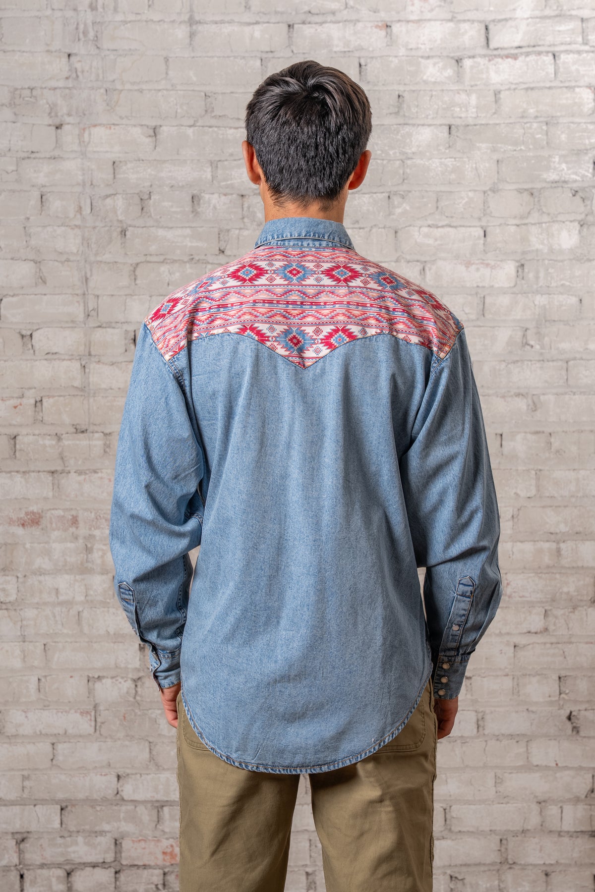 Men's Vintage 2-Tone Denim & Native Pattern Embroidery Western Shirt