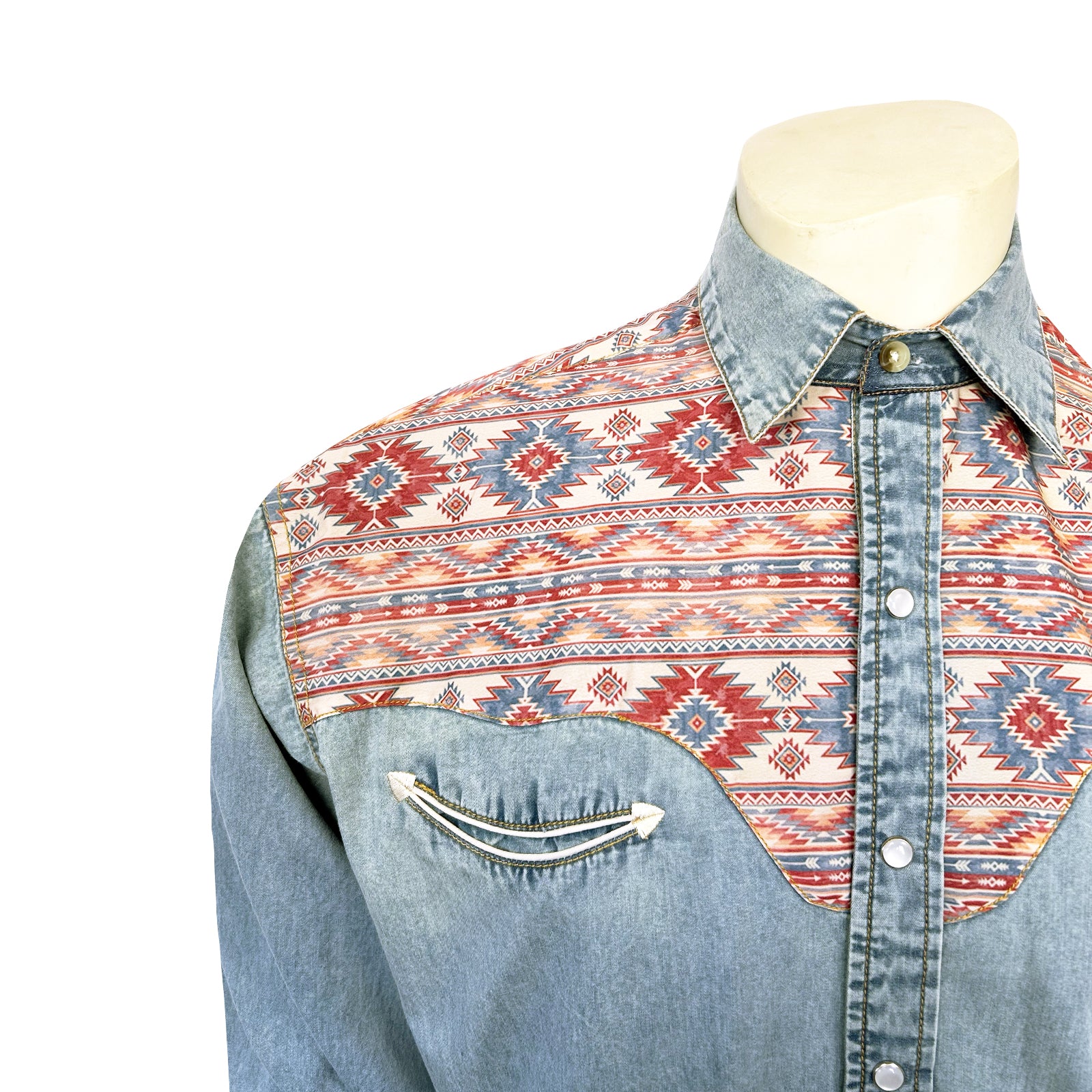 Men's Vintage 2-Tone Denim & Native Pattern Embroidered Western Shirt - Rockmount