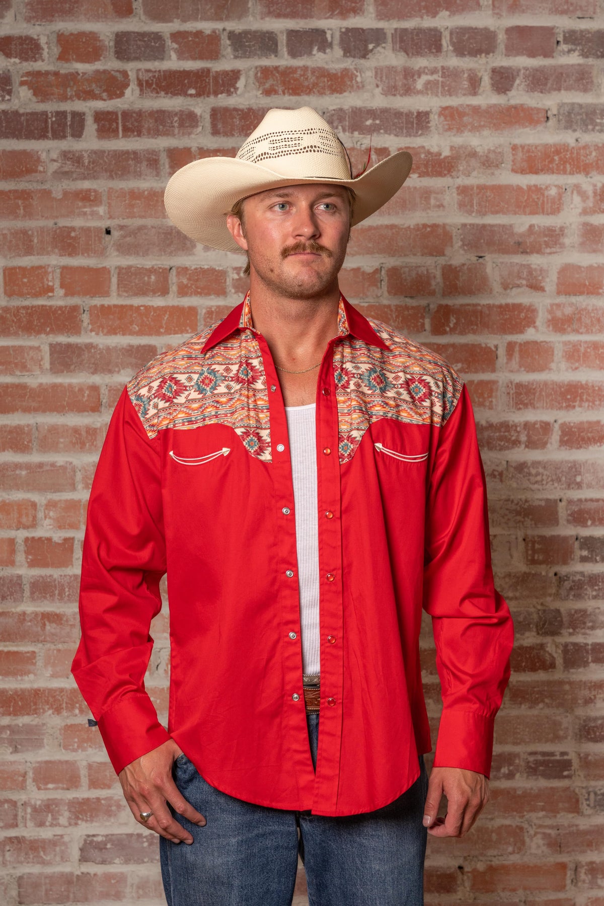 Men's Vintage 2-Tone Red Native Pattern Embroidered Western Shirt by Rockmount Ranch Wear with embroidered smile pockets
