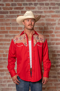 Men's Vintage 2-Tone Red Native Pattern Embroidered Western Shirt by Rockmount Ranch Wear with embroidered smile pockets