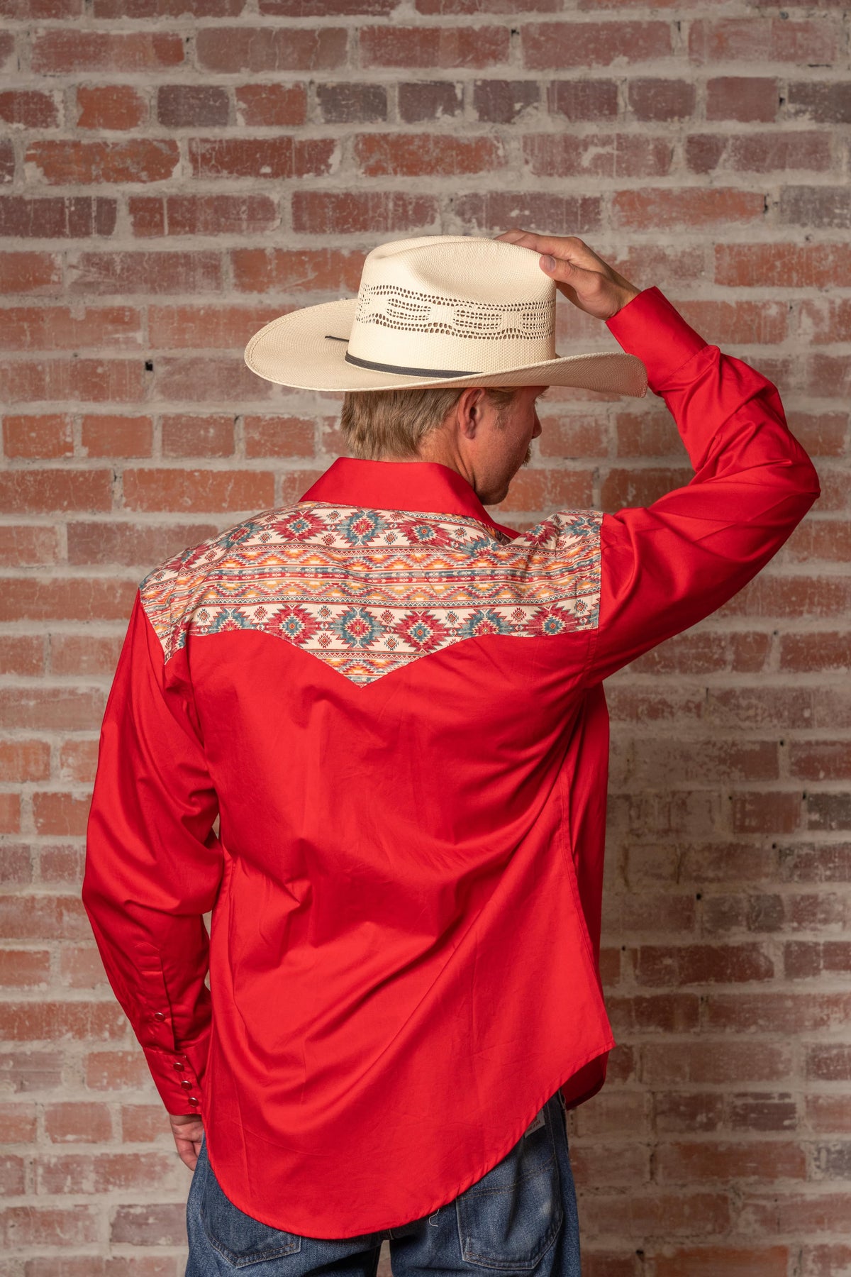 Men's Vintage 2-Tone Red Native Pattern Embroidered Western Shirt by Rockmount Ranch Wear with embroidered smile pockets