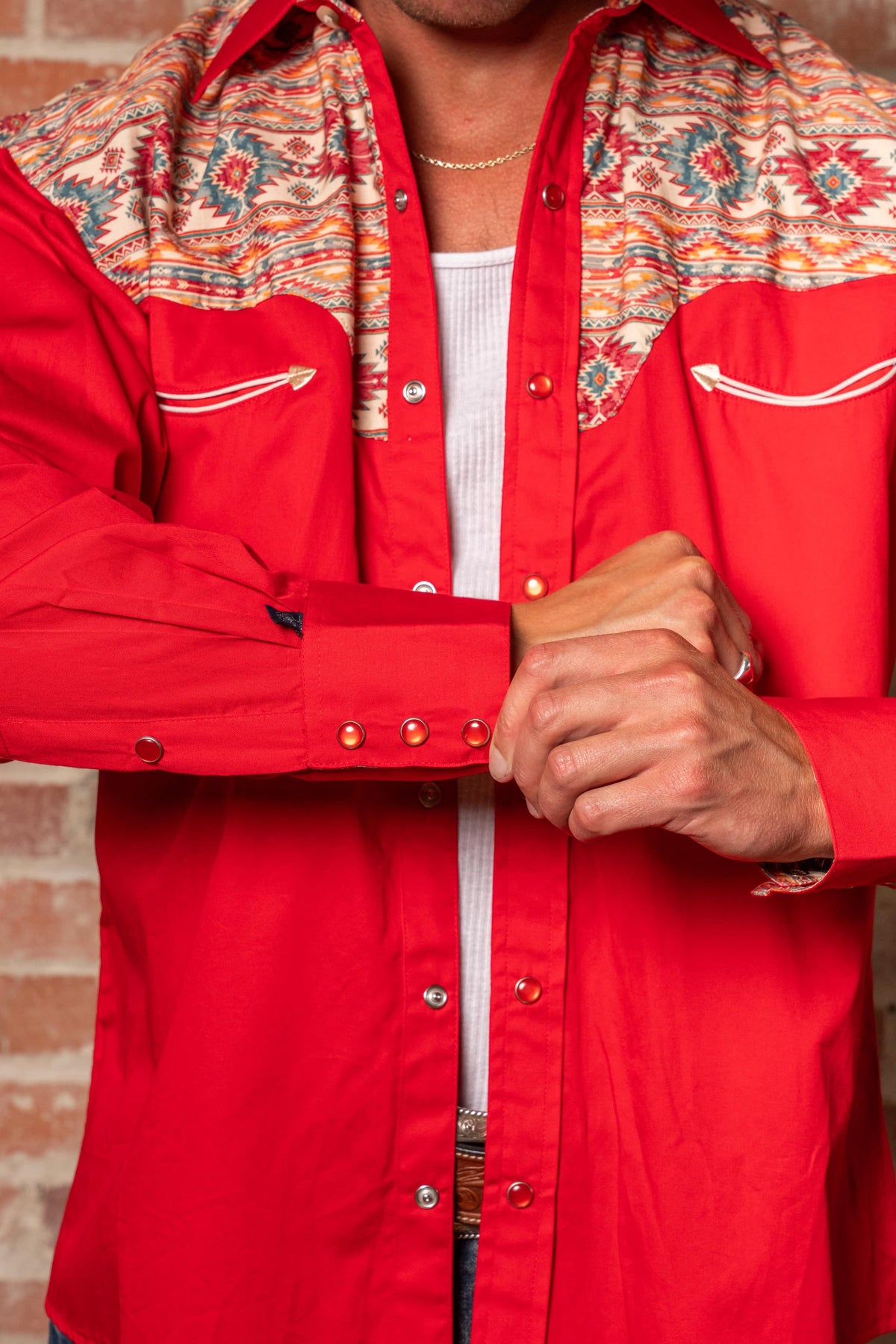 Men's Vintage 2-Tone Red Native Pattern Embroidered Western Shirt by Rockmount Ranch Wear with embroidered smile pockets