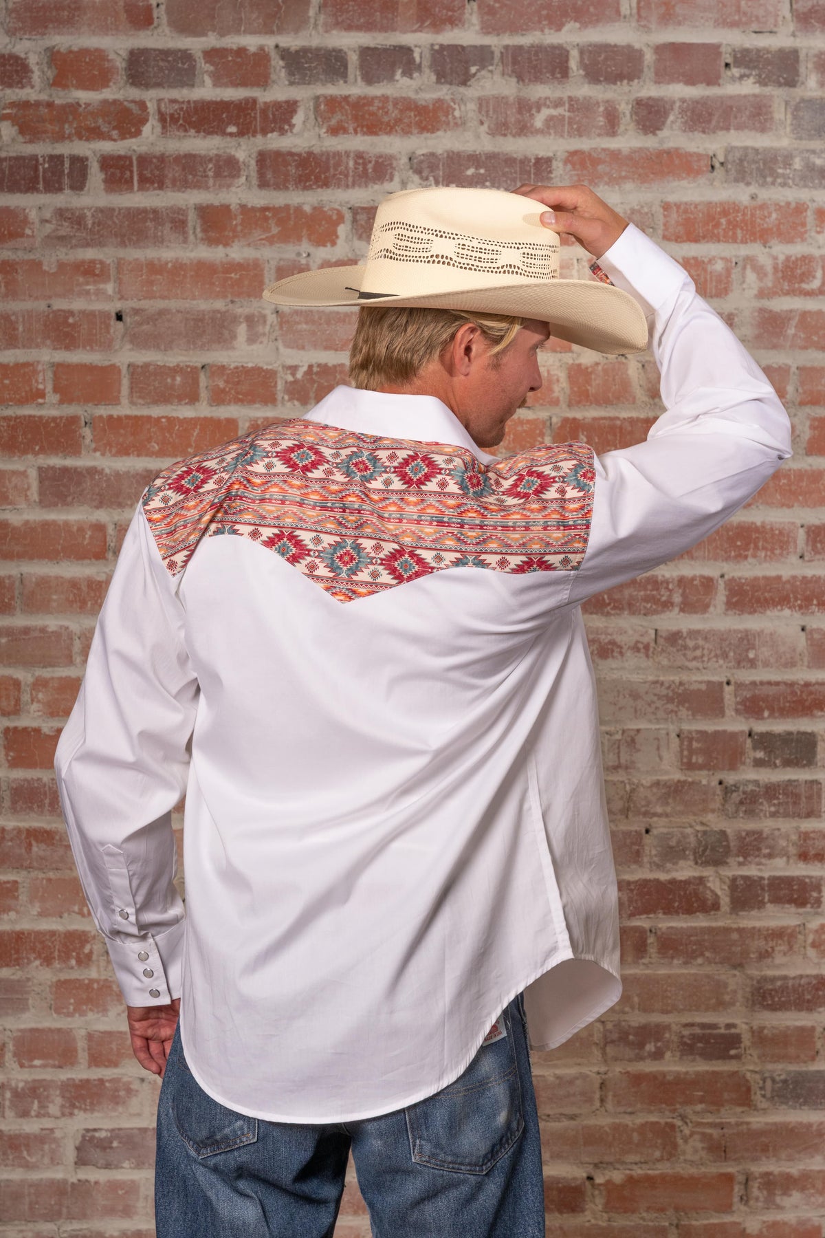 Men's Vintage 2-Tone White Native Pattern Embroidered Western Shirt by Rockmount Ranch Wear with embroidered western shirt