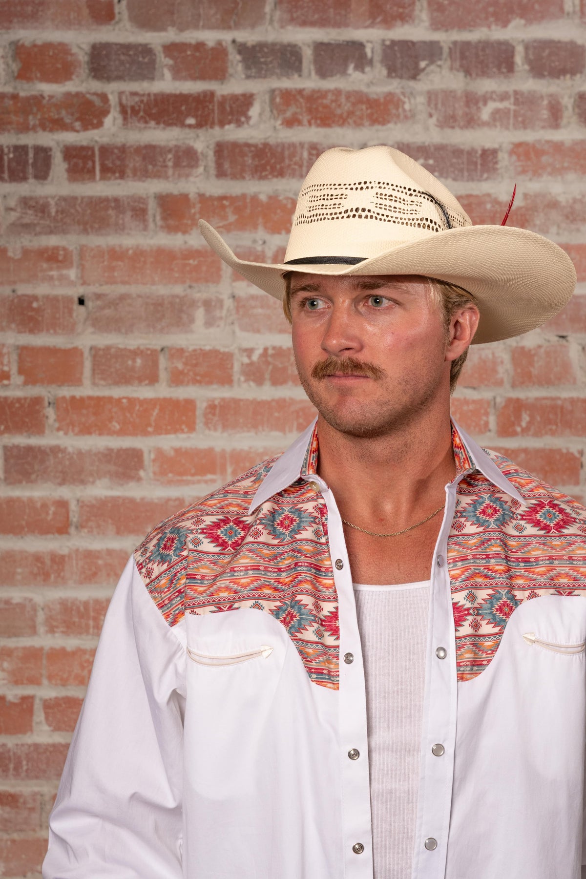 Men's Vintage 2-Tone White Native Pattern Embroidered Western Shirt by Rockmount Ranch Wear with arrowhead smile pockets