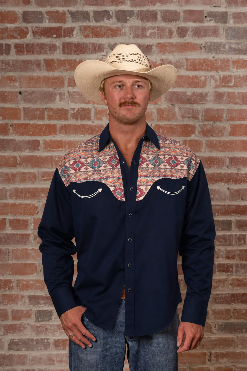 Men's Vintage 2-Tone Black Native Pattern Embroidered Western Shirt by Rockmount Ranch Wear with fringe