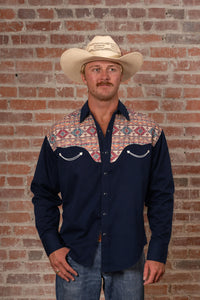 Men's Vintage 2-Tone Black Native Pattern Embroidered Western Shirt by Rockmount Ranch Wear with fringe