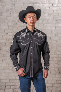 Men’s Vintage Black Floral Embroidered Western Shirt