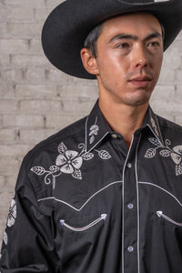 Men’s Vintage Black Floral Embroidered Western Shirt