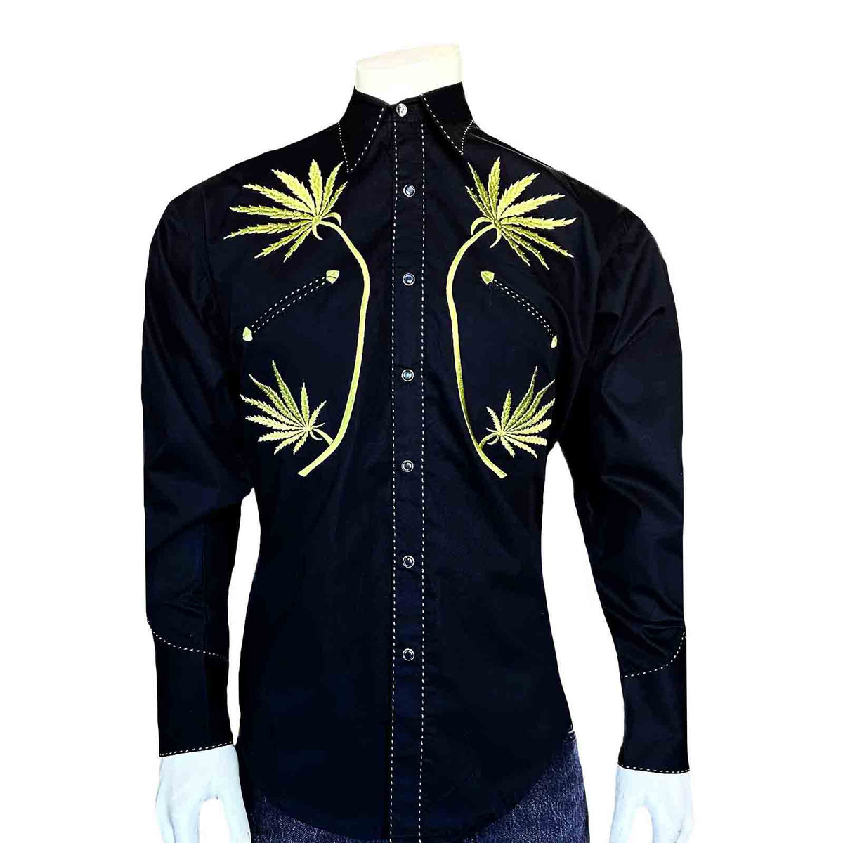 Men's Black Cannabis Cowboy Embroidered Western Shirt - Rockmount