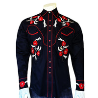 Men's Vintage Black Cascading Floral Embroidered Western Shirt