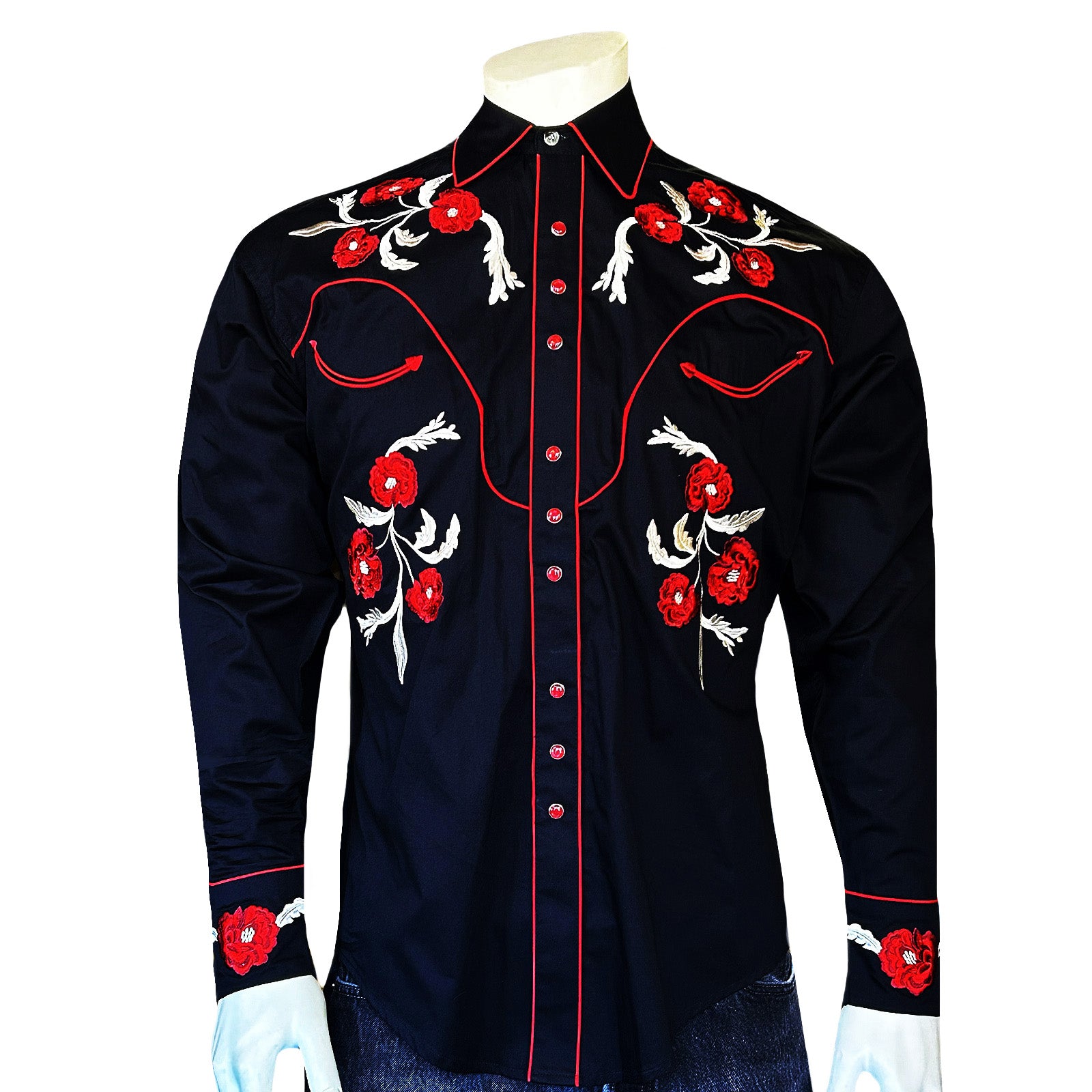 Men's Vintage Black Cascading Floral Embroidered Western Shirt