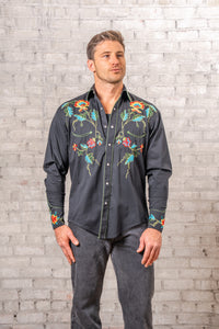 Men's Floral Embroidered Cotton Gabardine Black Western Shirt