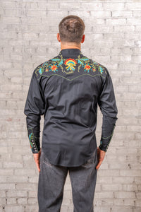 Men's Floral Embroidered Cotton Gabardine Black Western Shirt