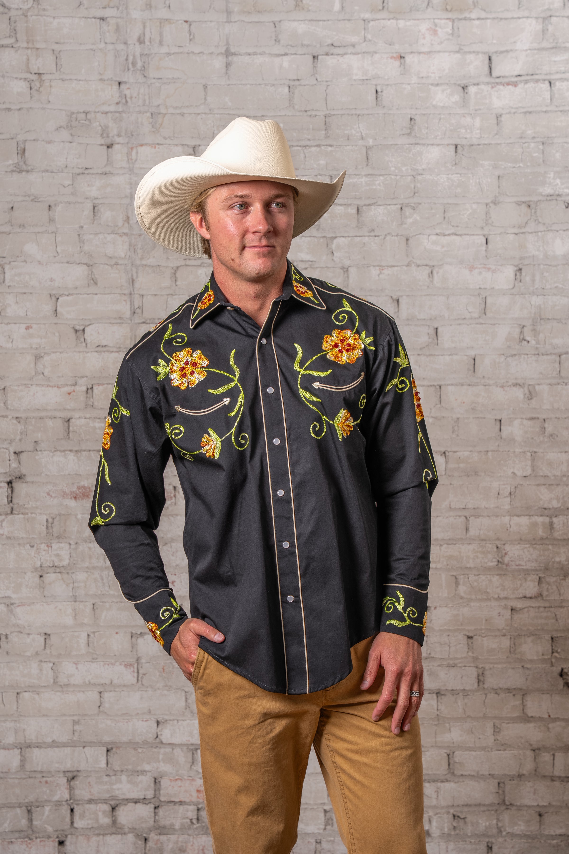 Men's Black Floral Embroidered Cotton Gabardine Western Shirt