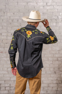 Men's Black Floral Embroidered Cotton Gabardine Western Shirt