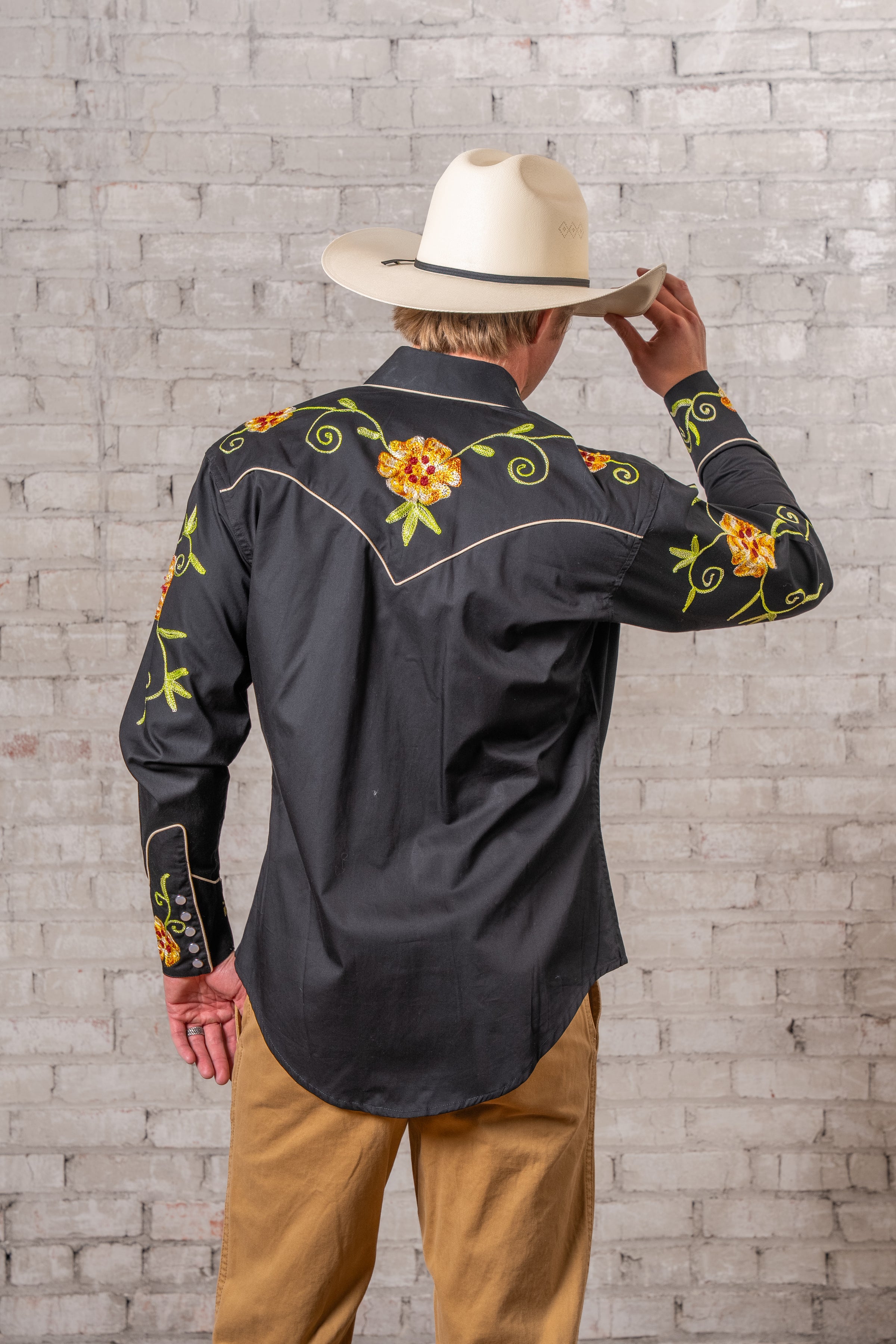 Men's Black Floral Embroidered Cotton Gabardine Western Shirt