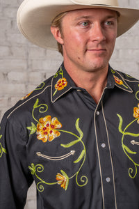 Men's Black Floral Embroidered Cotton Gabardine Western Shirt