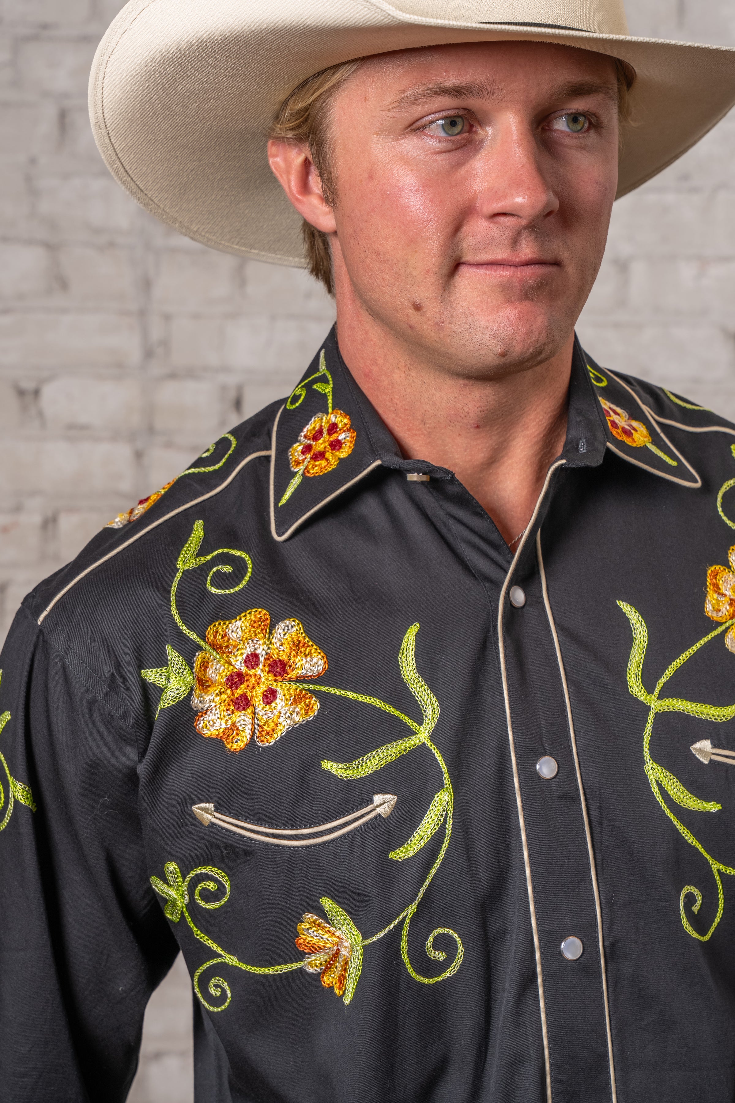 Men's Black Floral Embroidered Cotton Gabardine Western Shirt