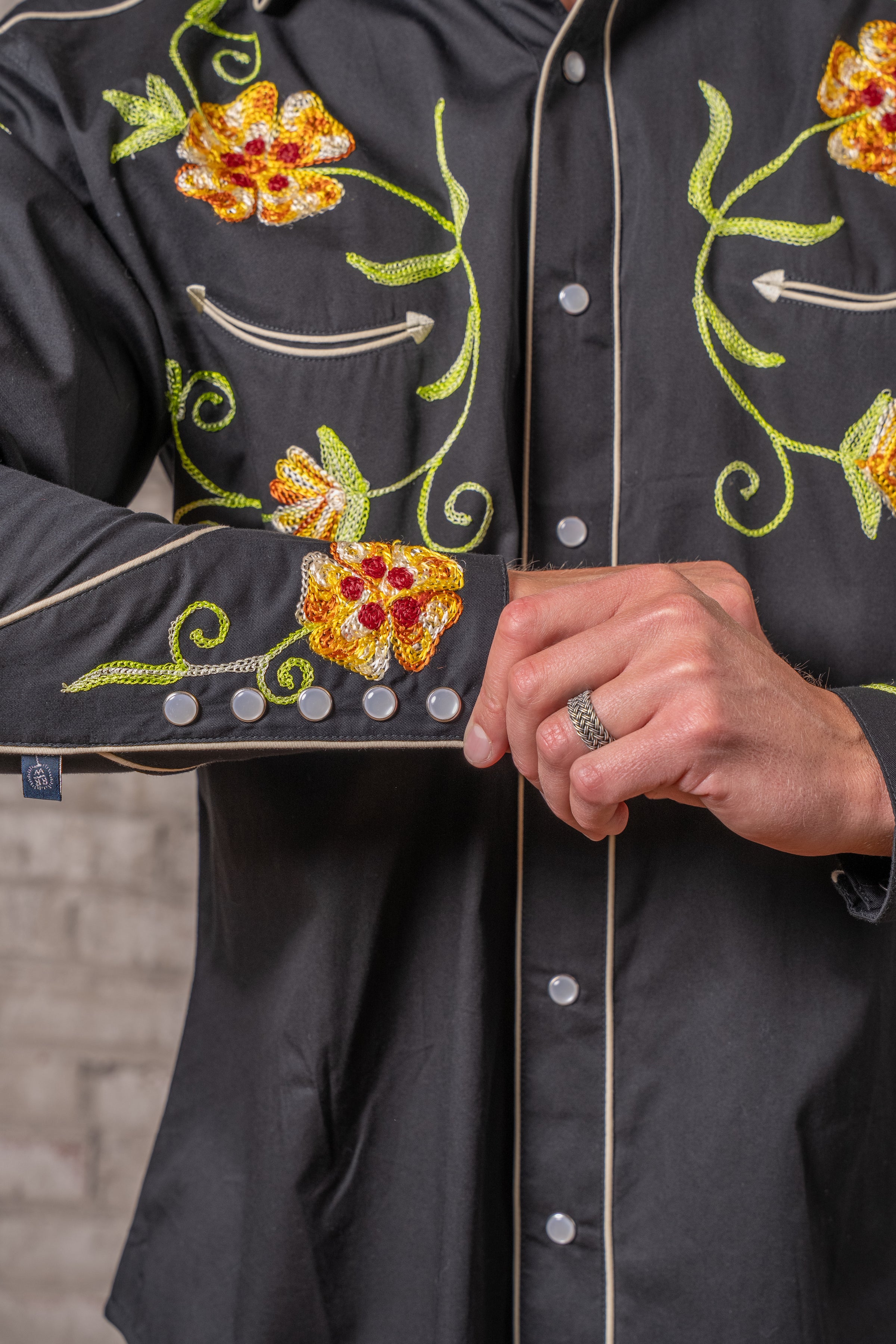 Men's Black Floral Embroidered Cotton Gabardine Western Shirt