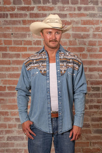 Men's Vintage 2-Tone Denim Steer Skull Embroidered Western Shirt by Rockmount Ranch Wear with embroidered yokes