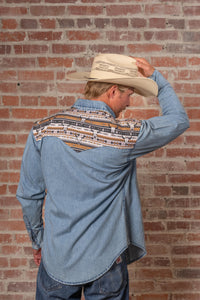 Men's Vintage 2-Tone Denim Steer Skull Embroidered Western Shirt by Rockmount Ranch Wear, 100 cotton indigo denim