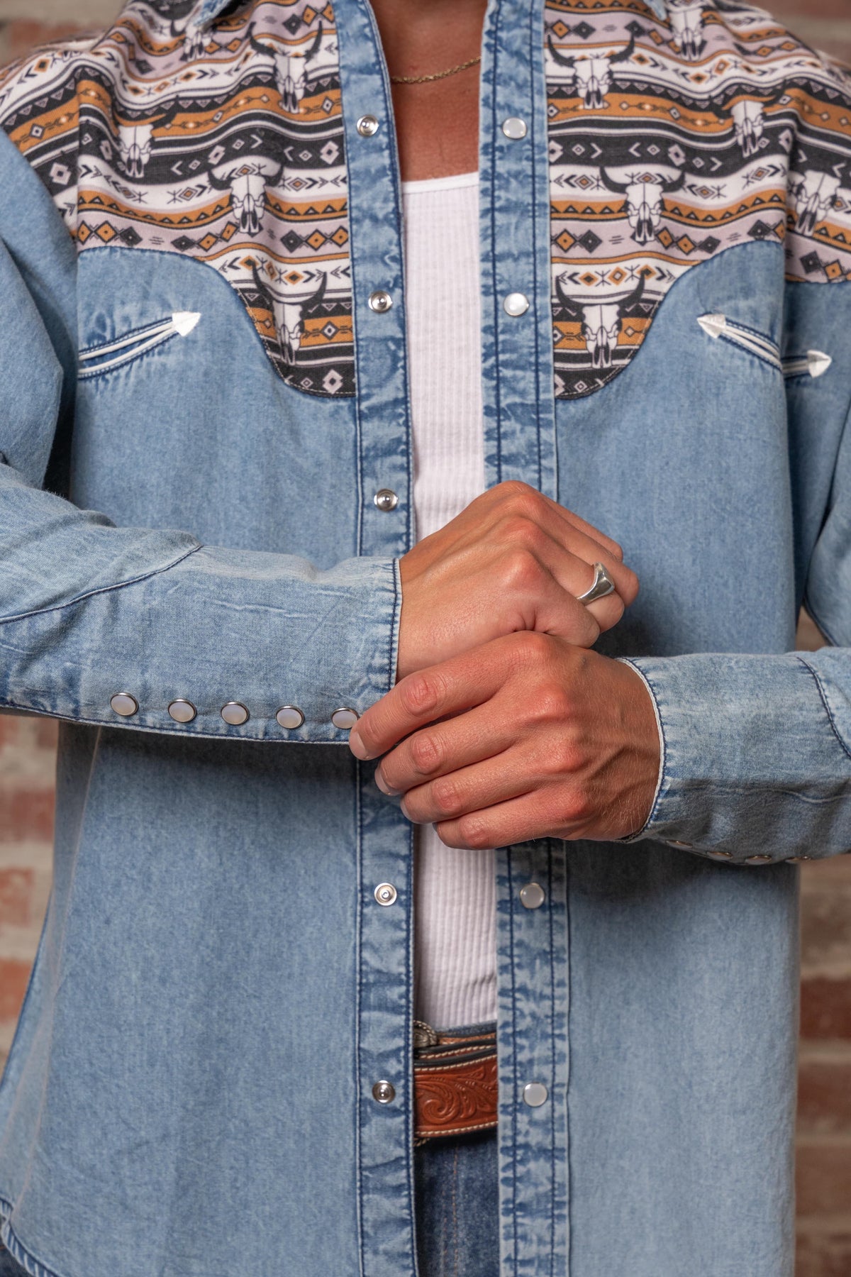 Men's Vintage 2-Tone Denim Steer Skull Embroidered Western Shirt by Rockmount Ranch Wear in indigo denim