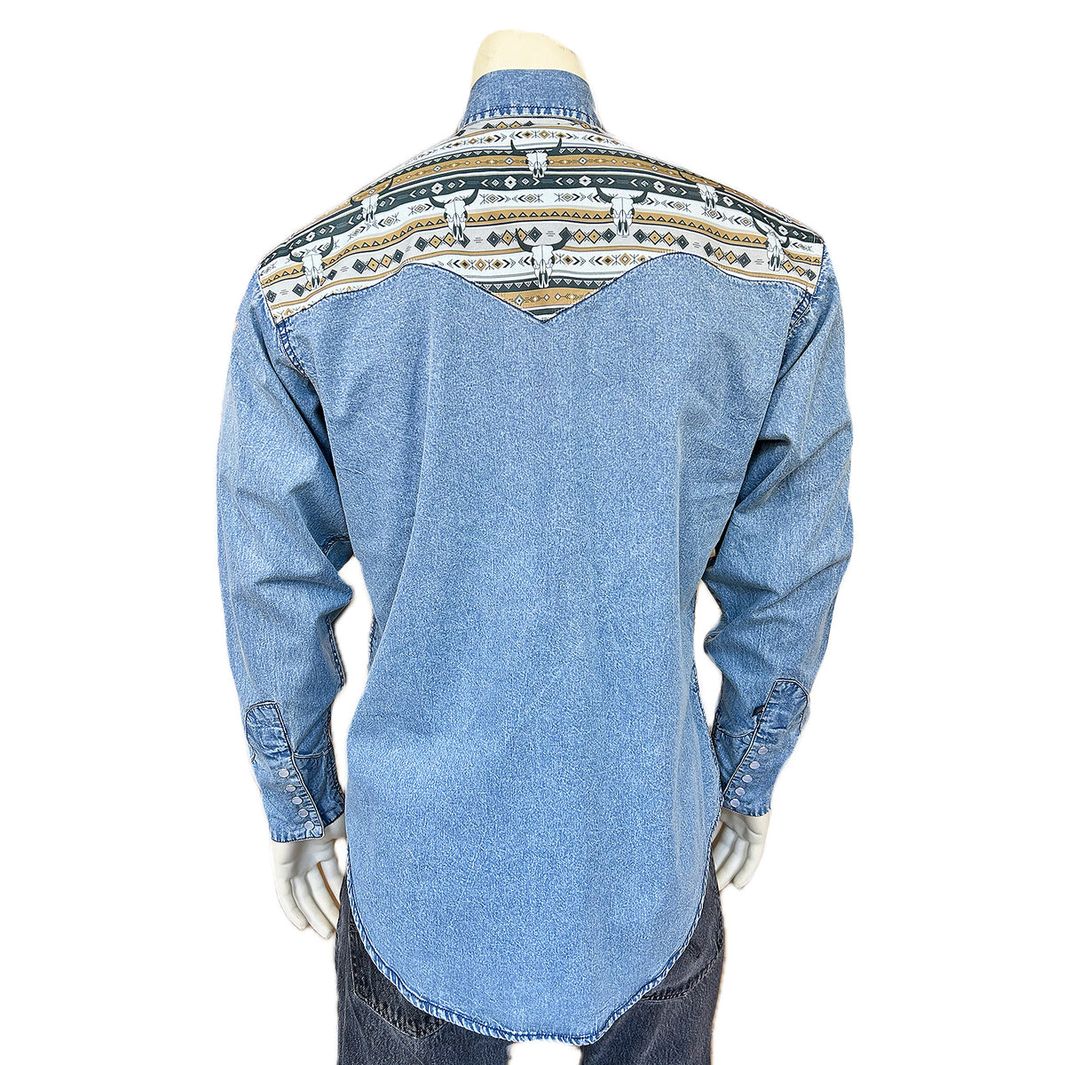 Men's Vintage 2-Tone Denim & Steer Skull Embroidered Western Shirt - Rockmount