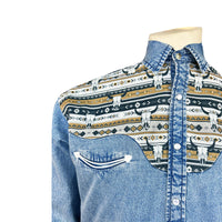 Men's Vintage 2-Tone Denim & Steer Skull Embroidered Western Shirt - Rockmount