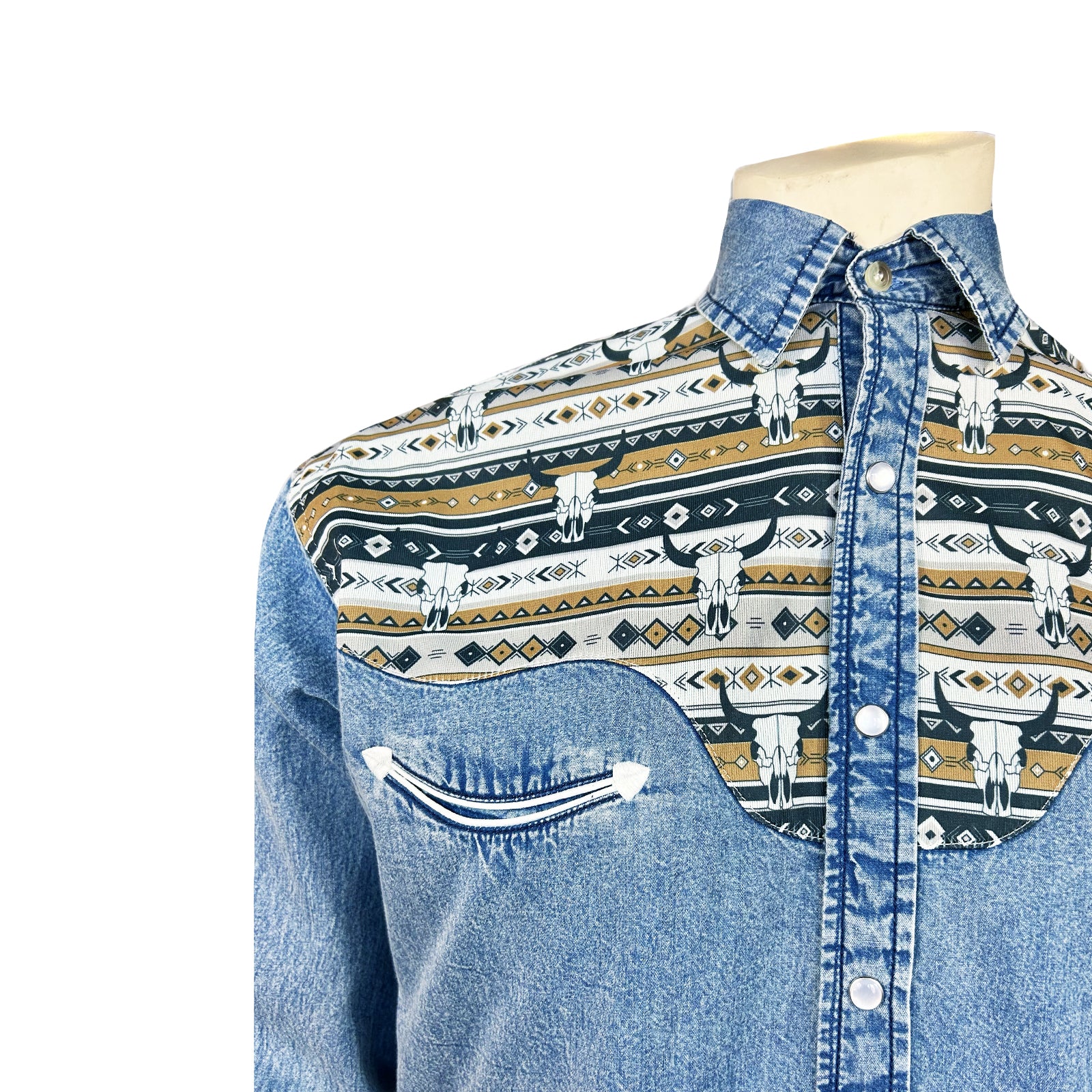 Men's Vintage 2-Tone Denim & Steer Skull Embroidered Western Shirt - Rockmount