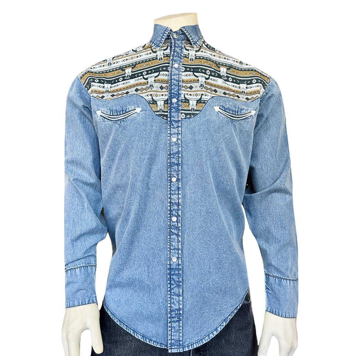 Men's Vintage 2-Tone Denim & Steer Skull Embroidered Western Shirt - Rockmount