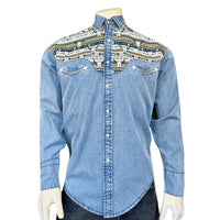 Men's Vintage 2-Tone Denim & Steer Skull Embroidered Western Shirt - Rockmount