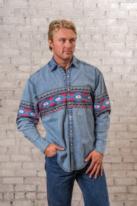 Men's 2-Tone Denim & Red Native Pattern Chest Band Western Shirt