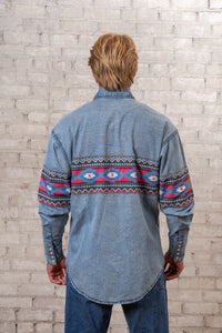 Men's 2-Tone Denim & Red Native Pattern Chest Band Western Shirt