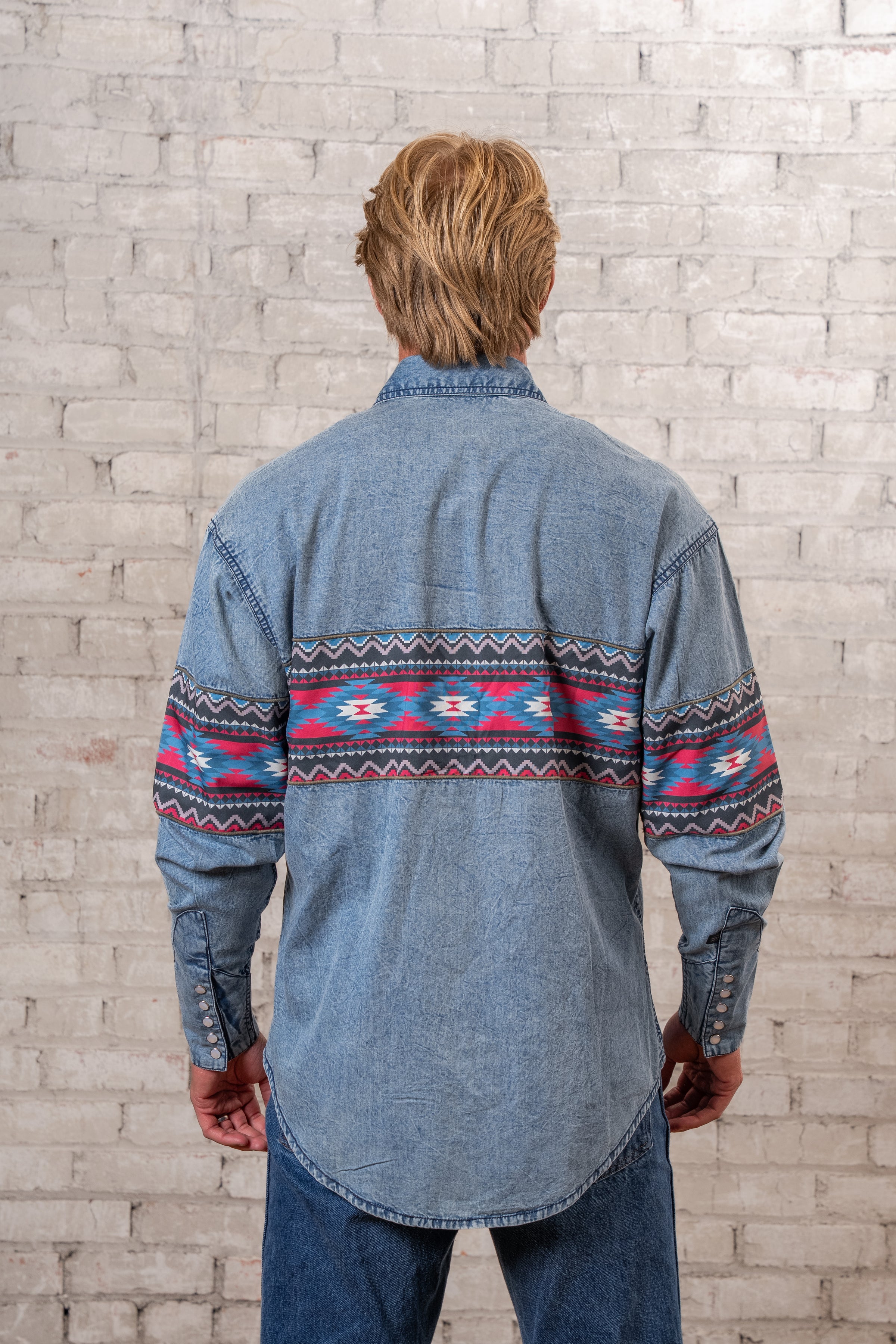 Men's 2-Tone Denim & Red Native Pattern Chest Band Western Shirt