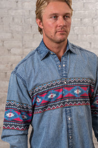 Men's 2-Tone Denim & Red Native Pattern Chest Band Western Shirt