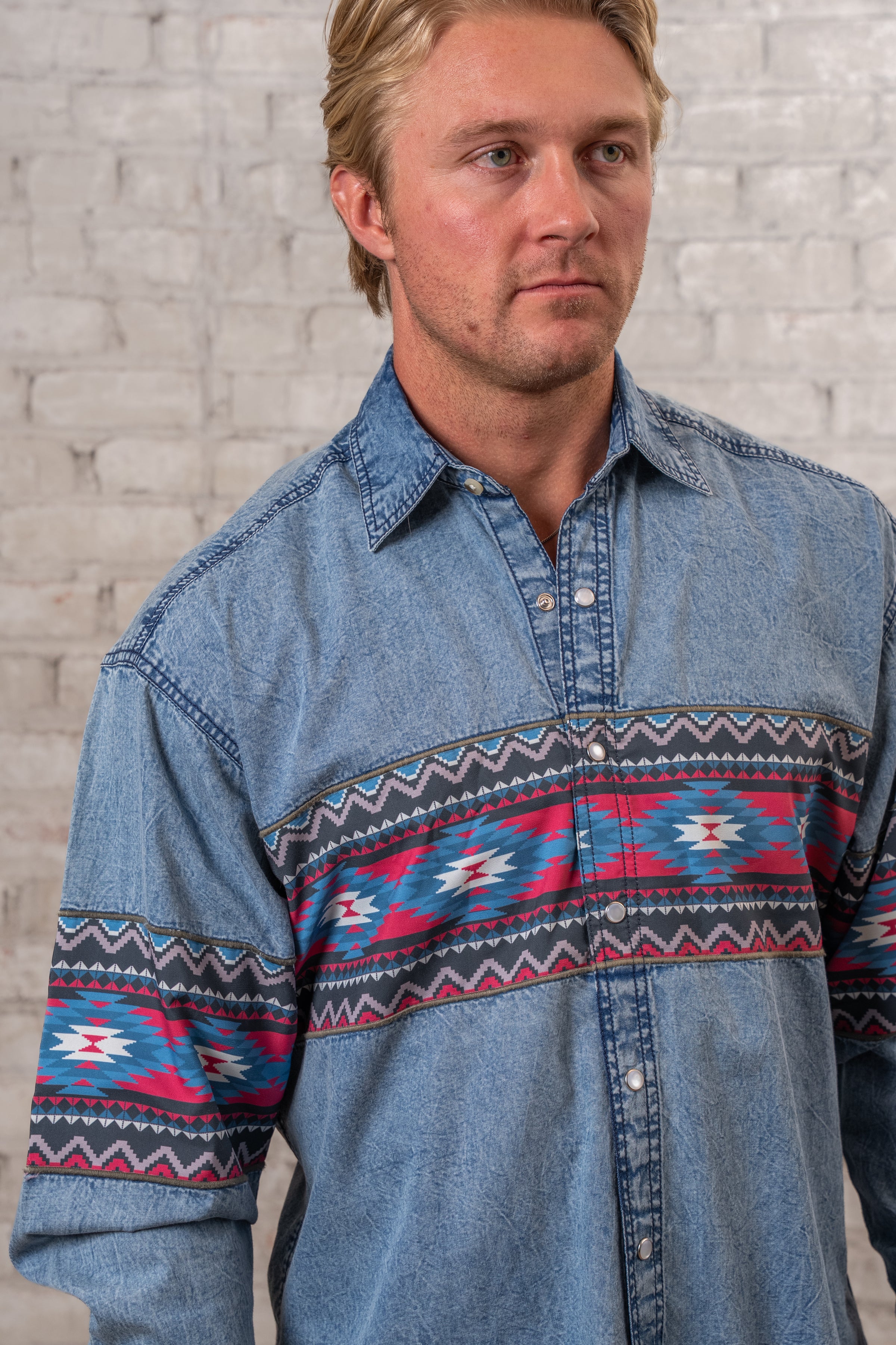 Men's 2-Tone Denim & Red Native Pattern Chest Band Western Shirt