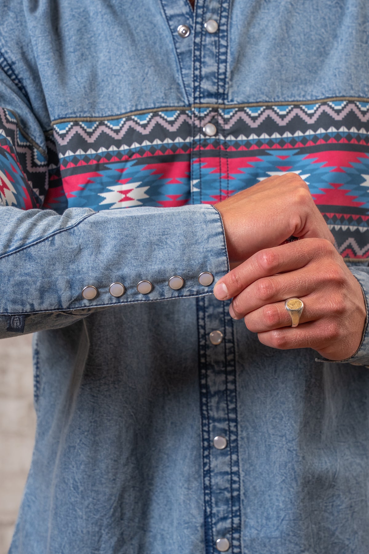 Men's 2-Tone Denim & Red Native Pattern Chest Band Western Shirt
