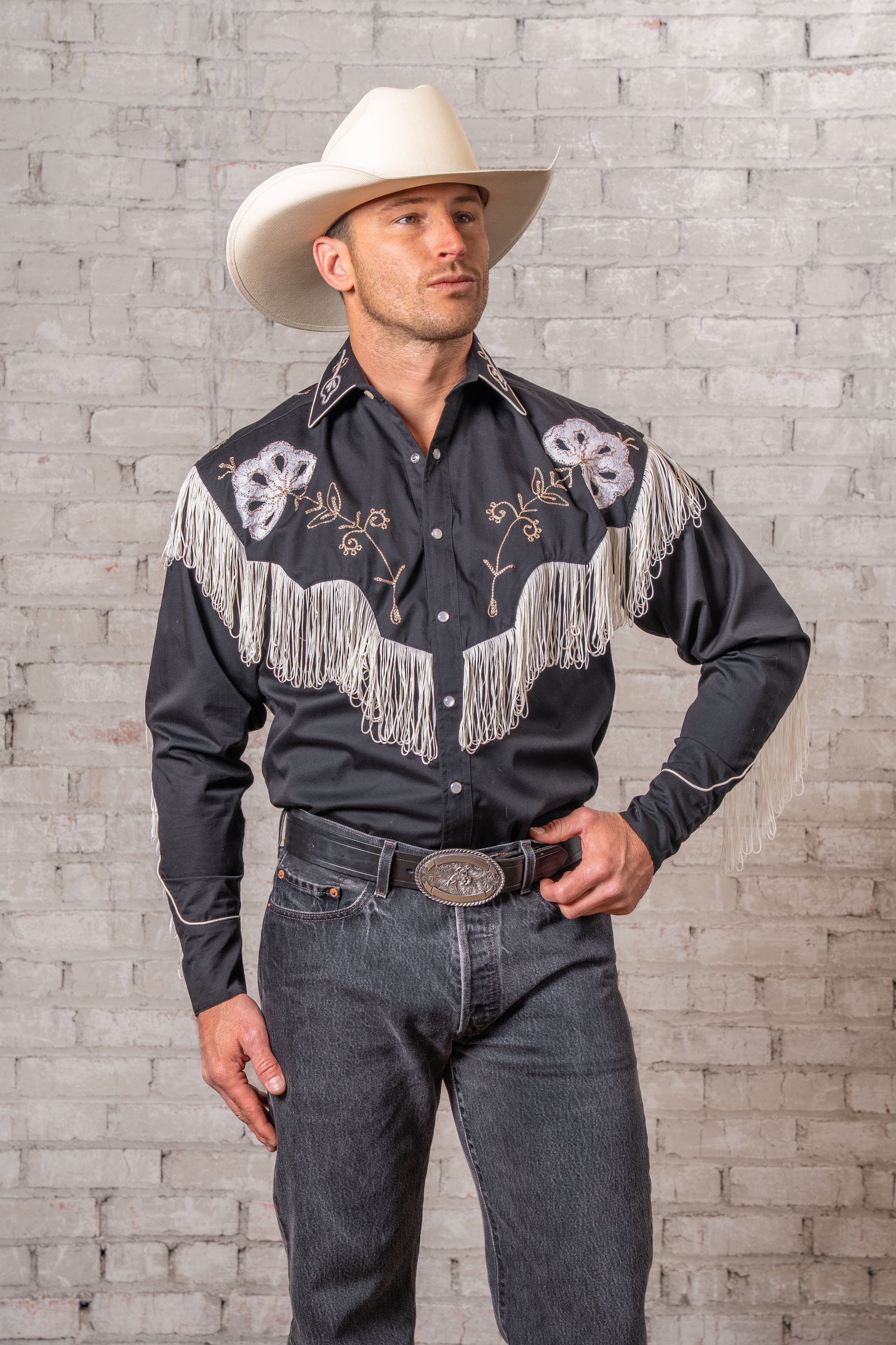 Men's Vintage Fringe Black Embroidered Western Shirt