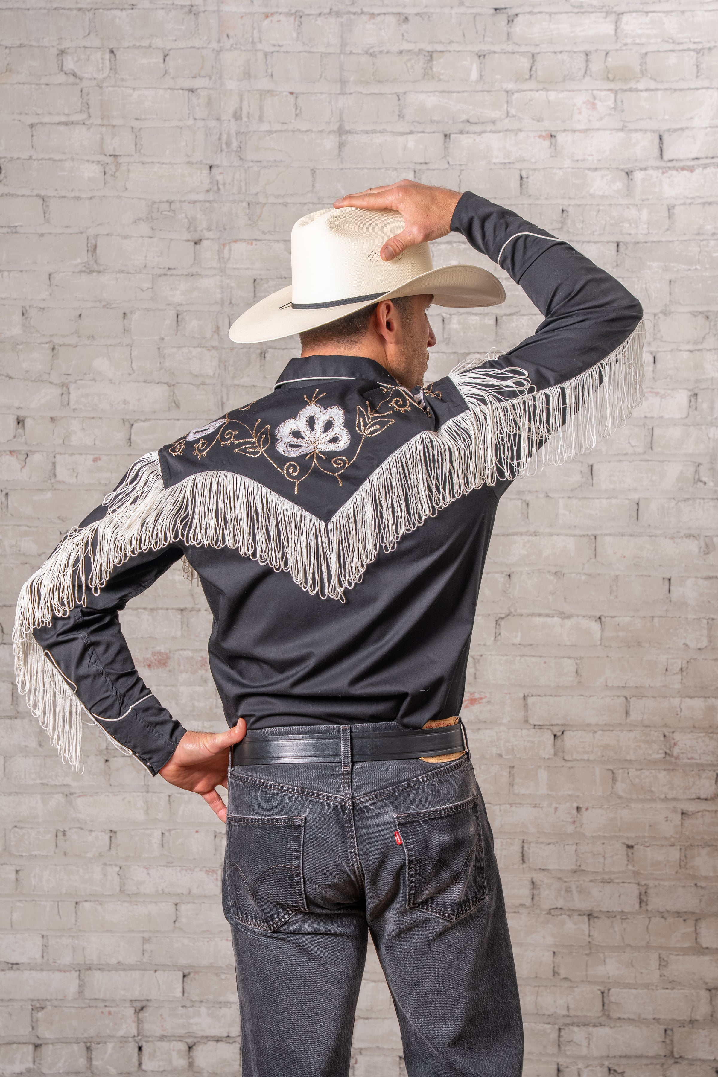 Men's Vintage Fringe Black Embroidered Western Shirt