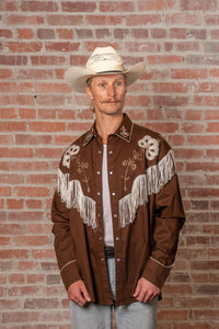 Men's Vintage Fringe Brown Embroidered Western Shirt by Rockmount Ranch Wear with genuine hand chenille embroidery