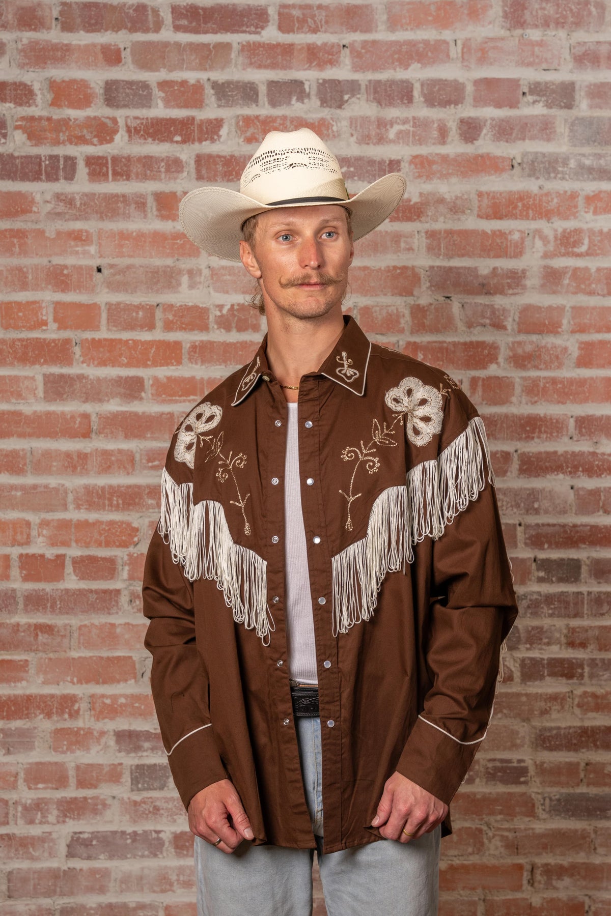 Men's Vintage Fringe Brown Embroidered Western Shirt by Rockmount Ranch Wear with genuine hand chenille embroidery